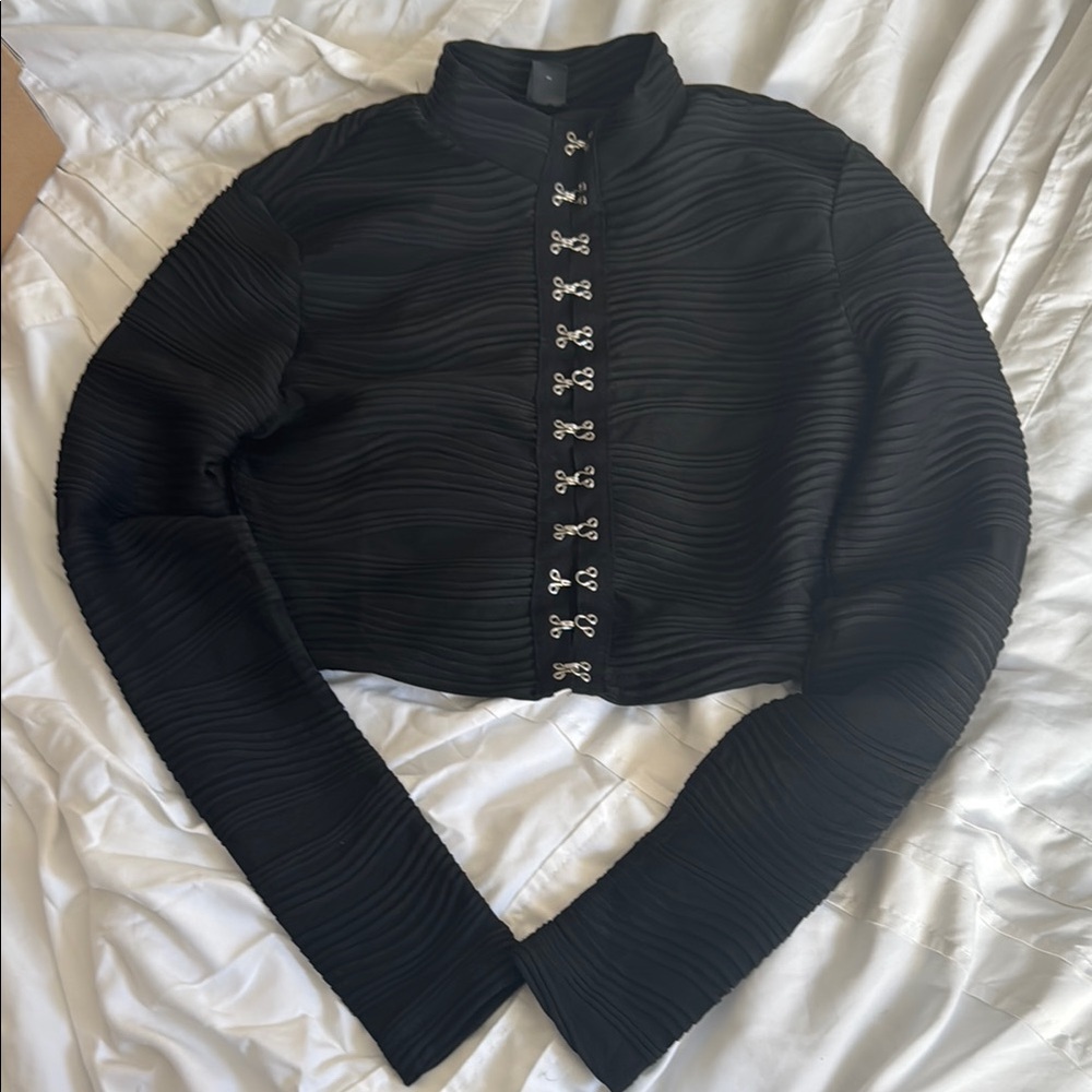 Black Women's Long Sleeve Crop Top with Hook Detailing
